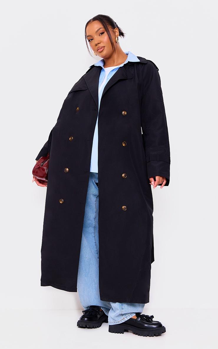 Pretty Little Thing Plus Black Oversized Button Down Trench Coat