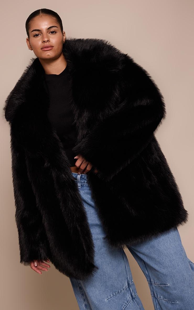 Pretty Little Thing Plus Black Oversized Midi Faux Fur Coat