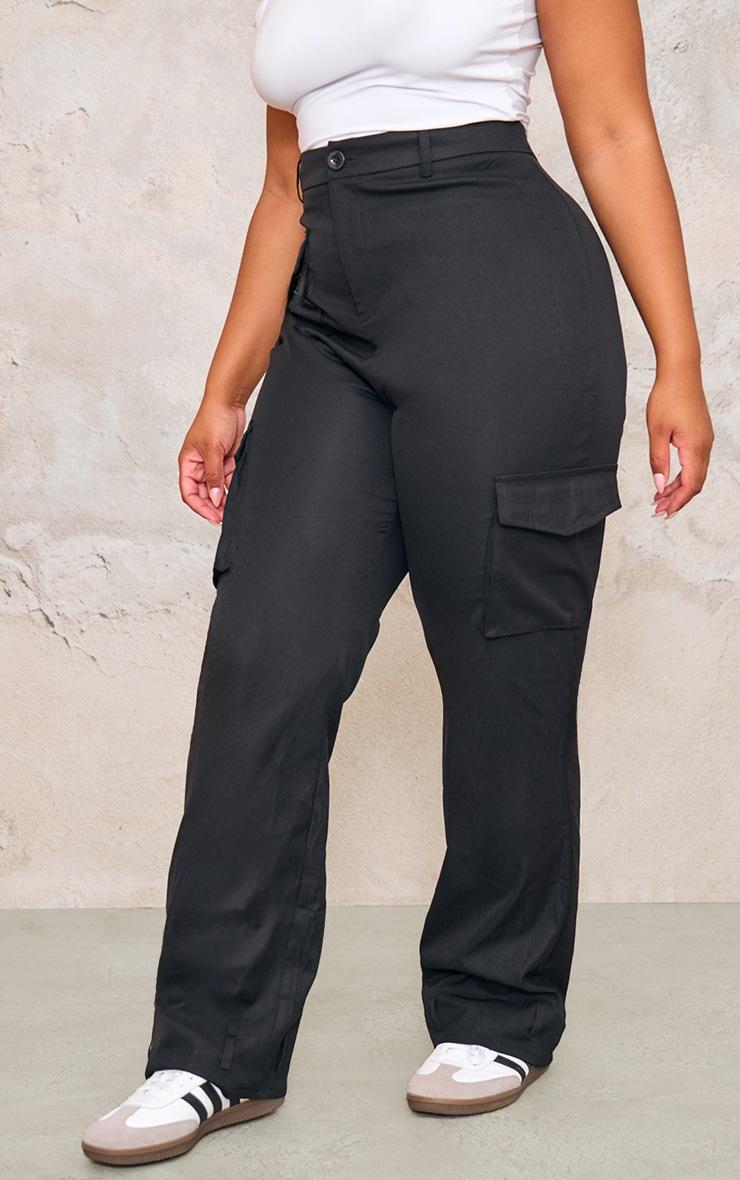 Pretty Little Thing Plus Black Pocket Front Cargo Straight Leg Pants