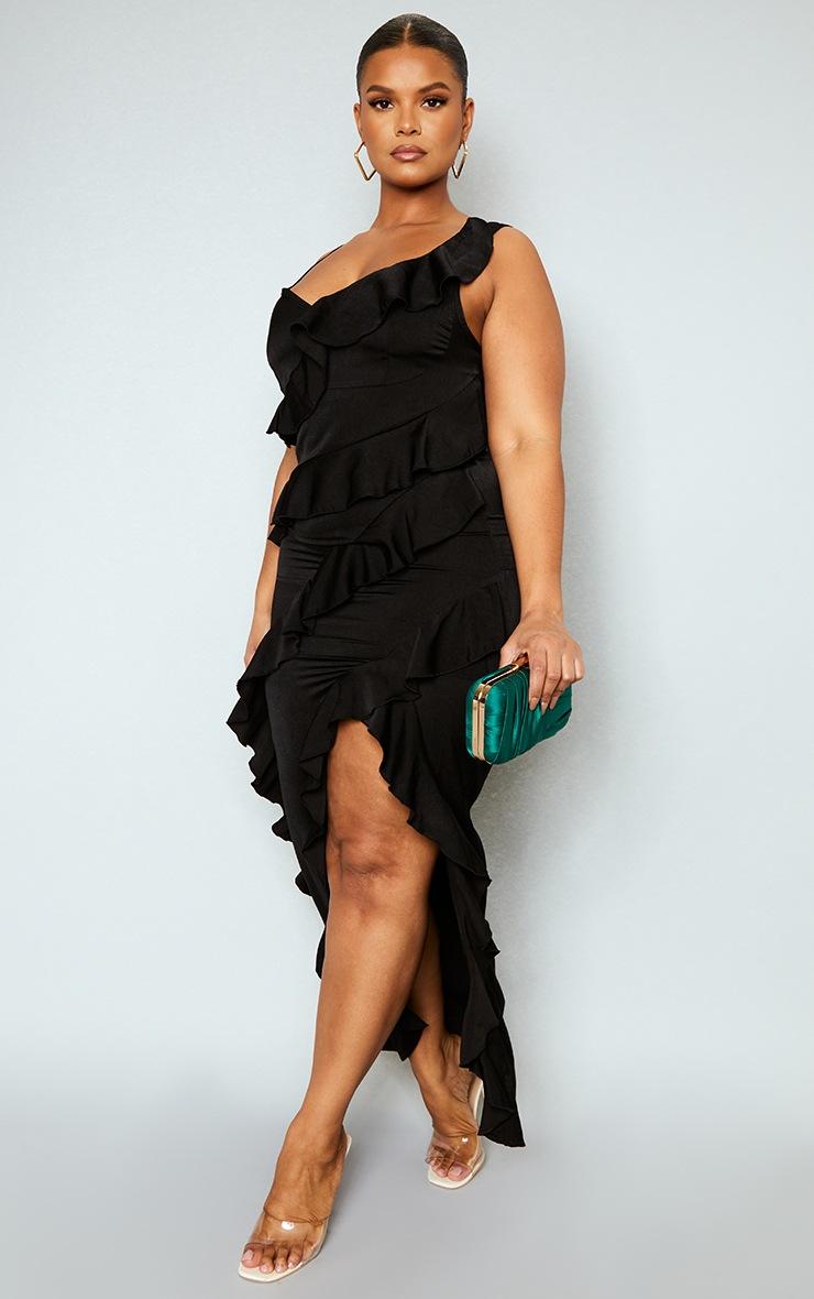 Pretty Little Thing Plus Black Satin Frill Layered Maxi Dress