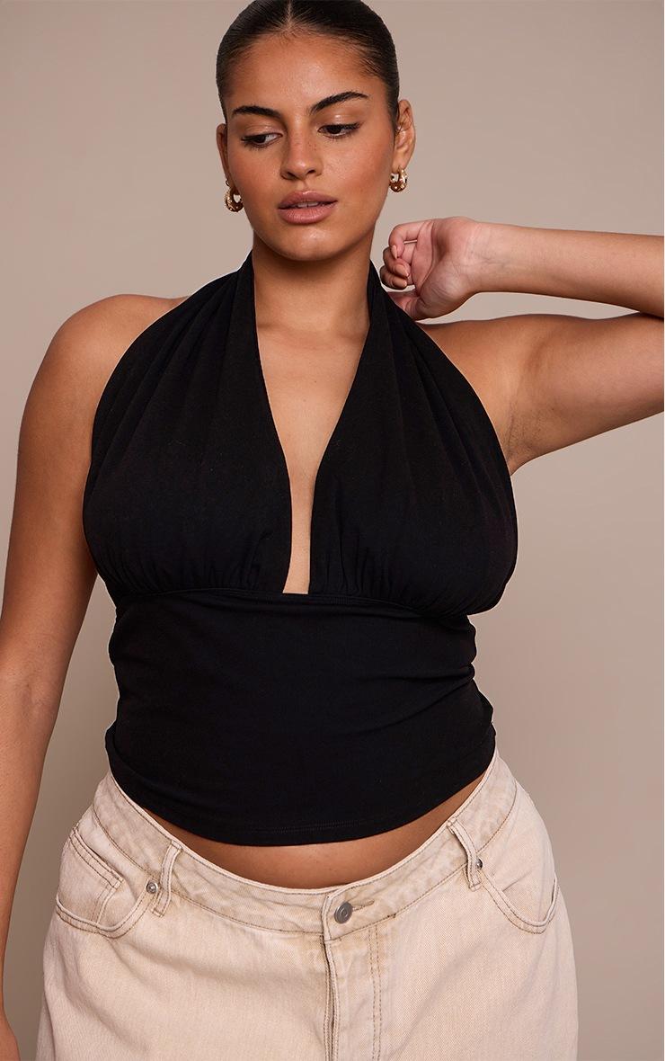 Pretty Little Thing Plus Black Sculpt Ruched Halterneck Top