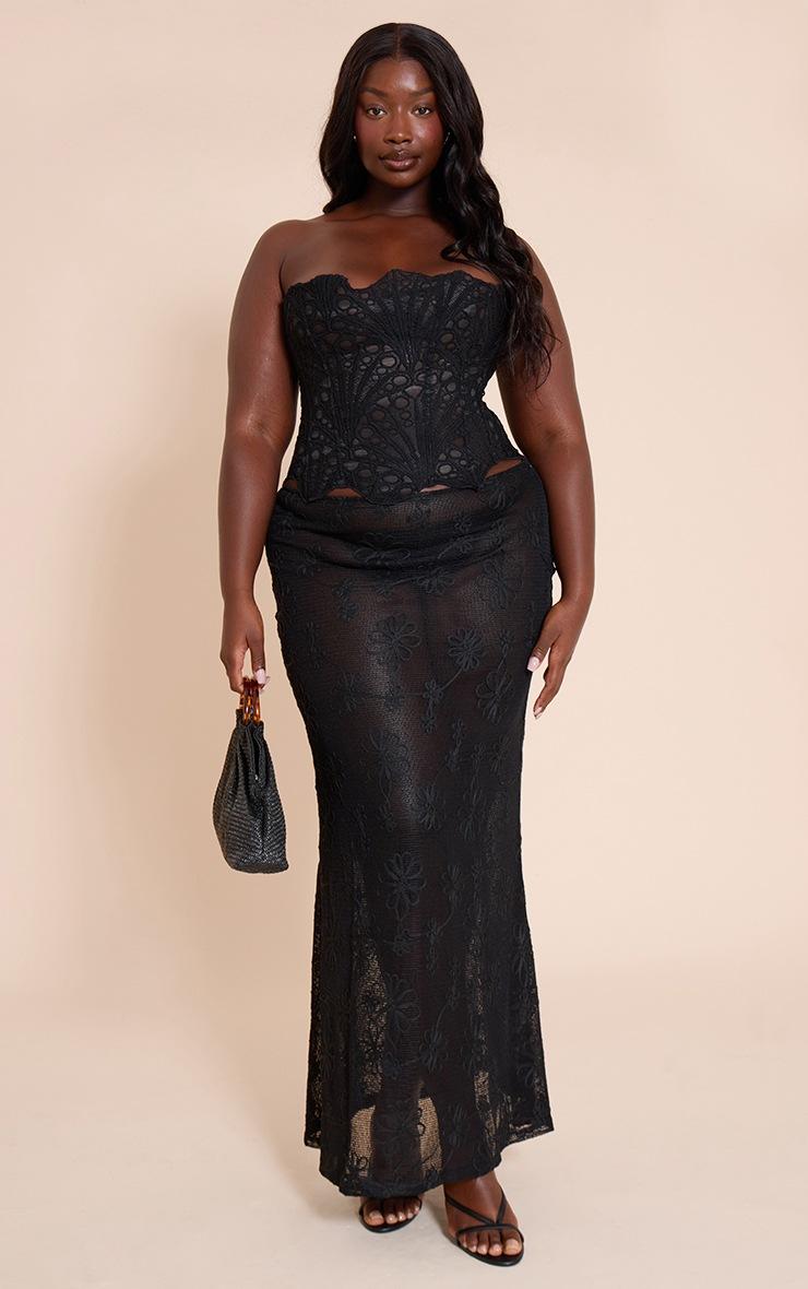 Pretty Little Thing PLUS Black Textured Bandeau Sheer Floral Lace Corset