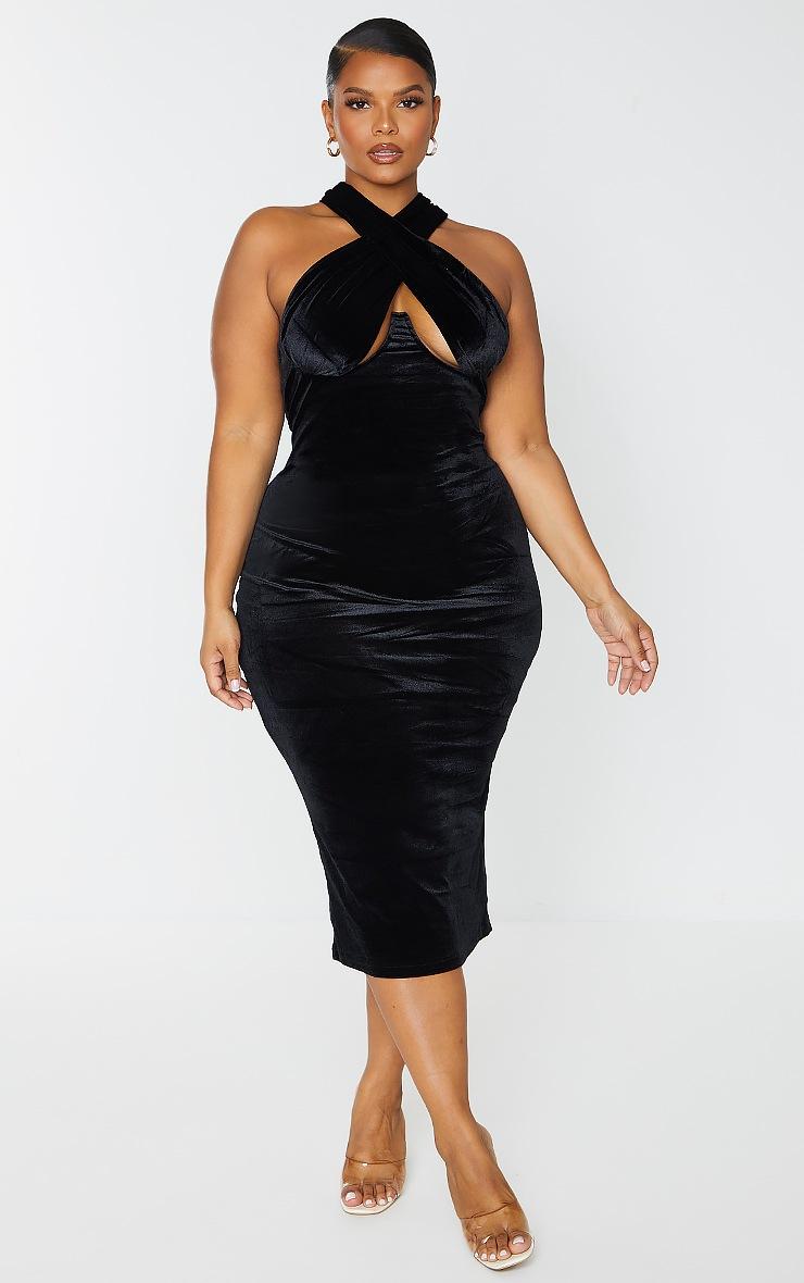 Pretty Little Thing Plus Black Velvet Underwired Cross Front Midi Dress