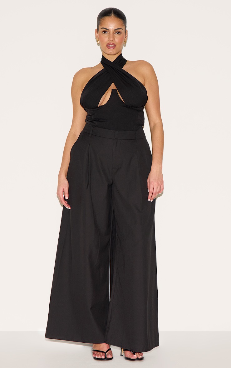 Pretty Little Thing Plus Black Woven Cross Front Underwired Bodysuit