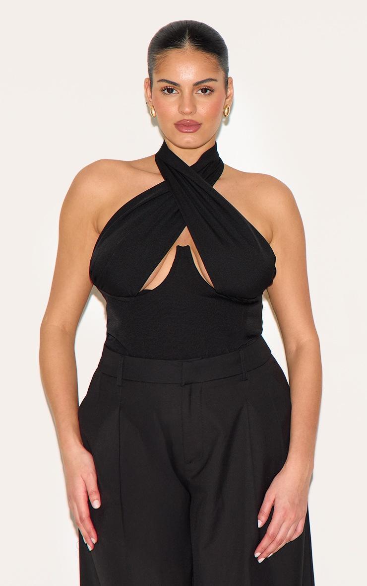 Pretty Little Thing Plus Black Woven Cross Front Underwired Bodysuit