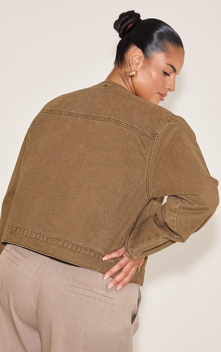 Pretty Little Thing Plus Brown Collarless Detail Denim Jacket