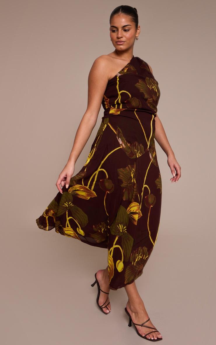 Pretty Little Thing Plus Brown Floral Print Chiffon One Shoulder Maxi Dress