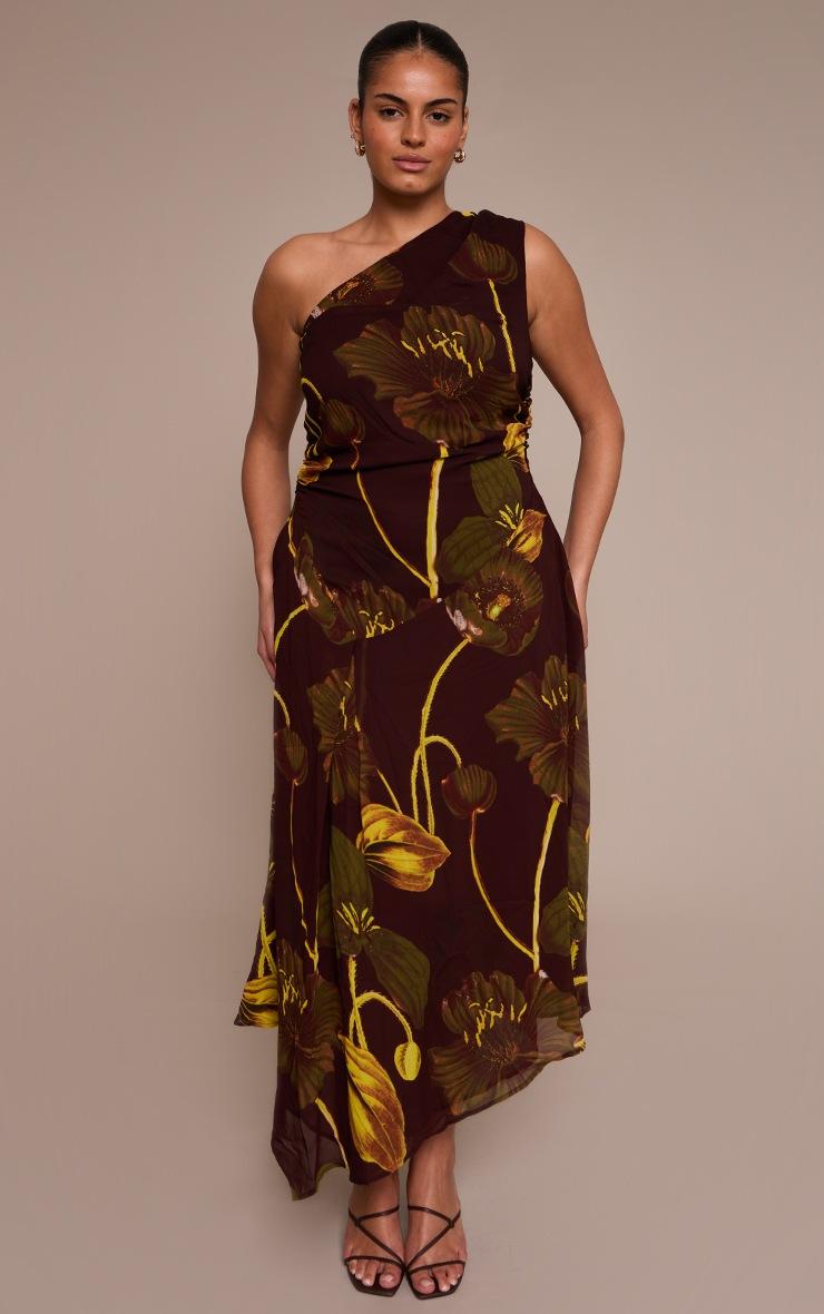 Pretty Little Thing Plus Brown Floral Print Chiffon One Shoulder Maxi Dress