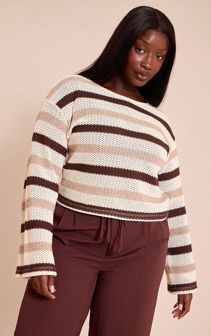 Pretty Little Thing Plus Brown Striped Boatneck Long Sleeve Top
