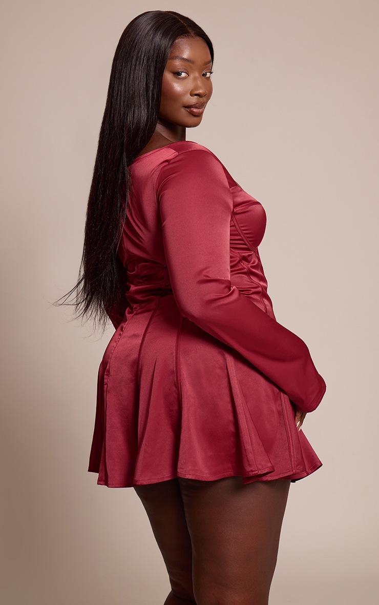 Pretty Little Thing Plus Burgundy Satin Long Sleeve Mini Dress