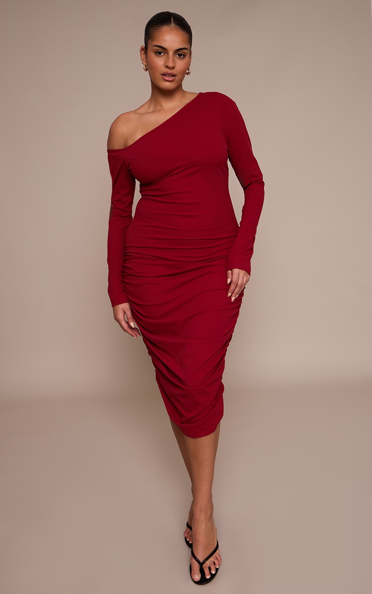 Pretty Little Thing Plus Burgundy Sculpt Off Shoulder Ruched Midi Dress