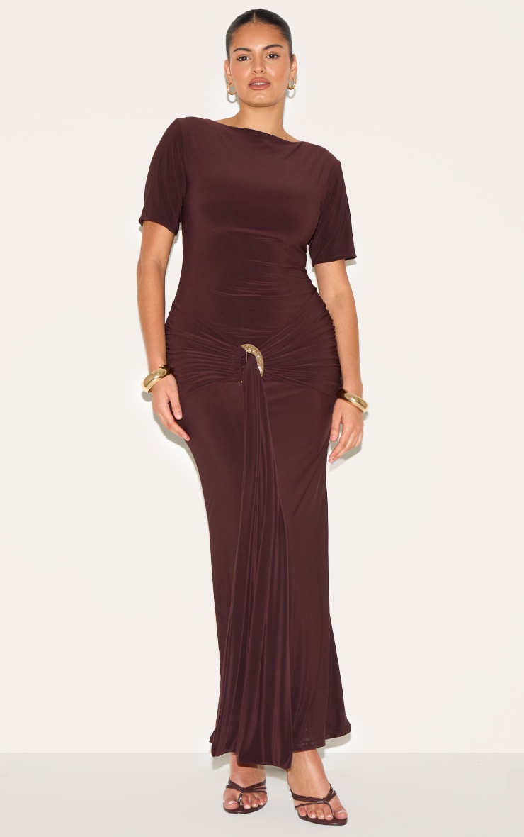 Pretty Little Thing Plus Chocolate Boat Neck Wrap Waist Detail Maxi Dress