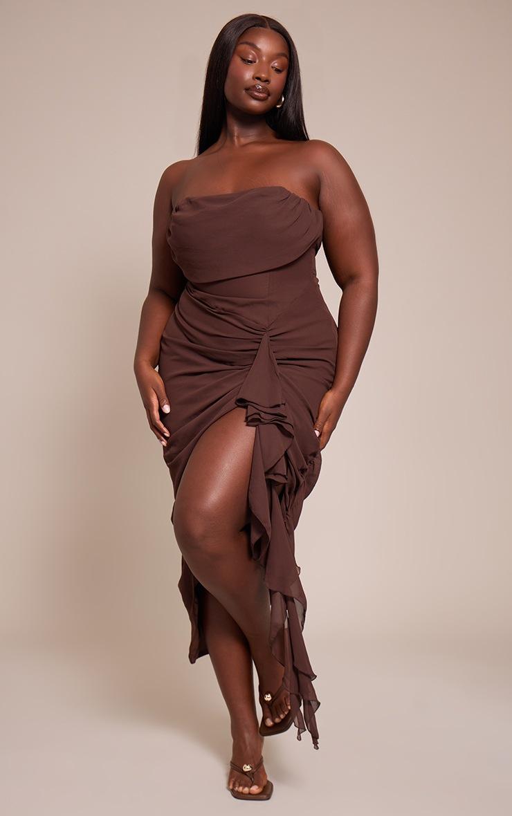 Pretty Little Thing Plus Chocolate Chiffon Ruched Detail Bandeau Midi Dress