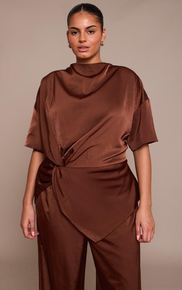 Pretty Little Thing Plus Chocolate Satin Twist Detail Woven Top