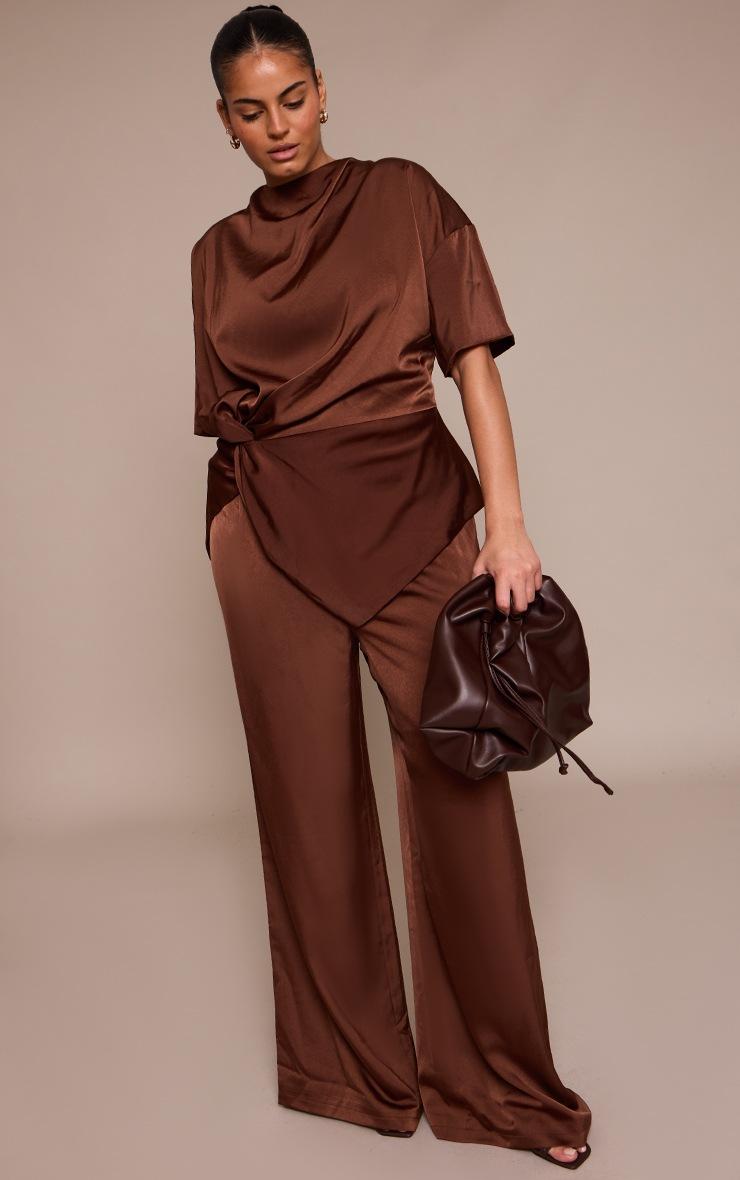 Pretty Little Thing Plus Chocolate Satin Wide Leg Pants