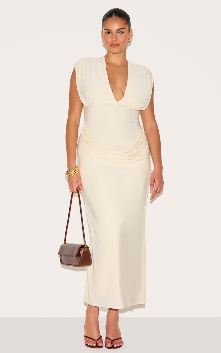 Pretty Little Thing Plus Cream Double Layer Plunge Ruched Shoulder Drape Waist Maxi Dress