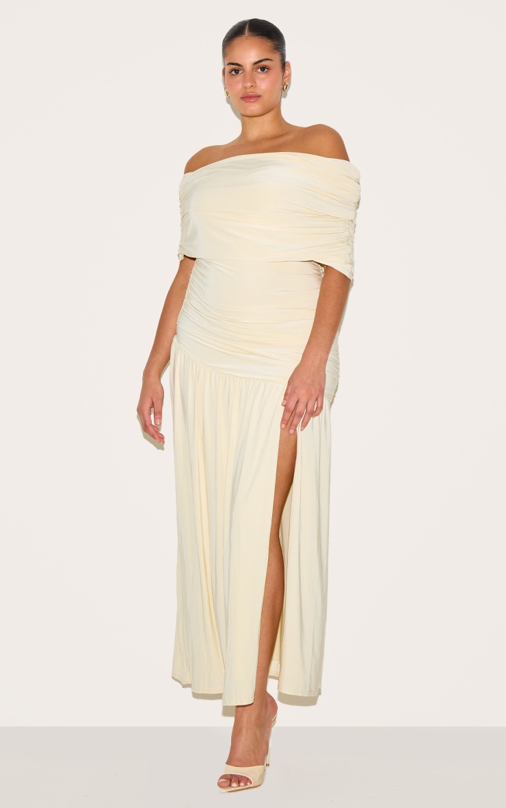 Pretty Little Thing Plus Cream Double Layer Slinky Bardot Ruched Maxi Dress