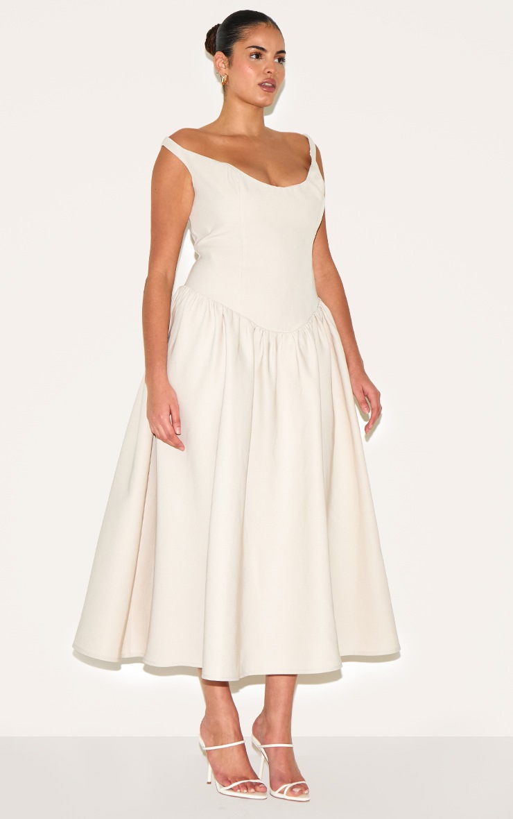 Pretty Little Thing Plus Cream Woven Dipped Bardot Ruched Midaxi Dress