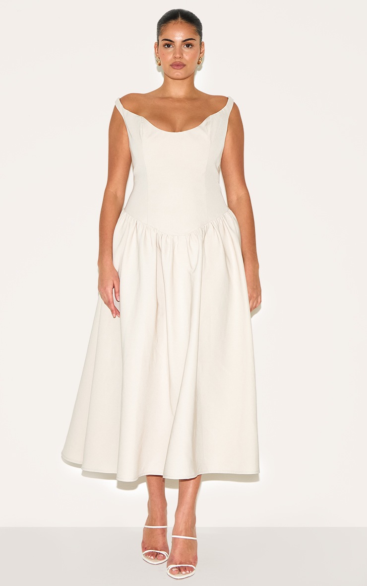Pretty Little Thing Plus Cream Woven Dipped Bardot Ruched Midaxi Dress