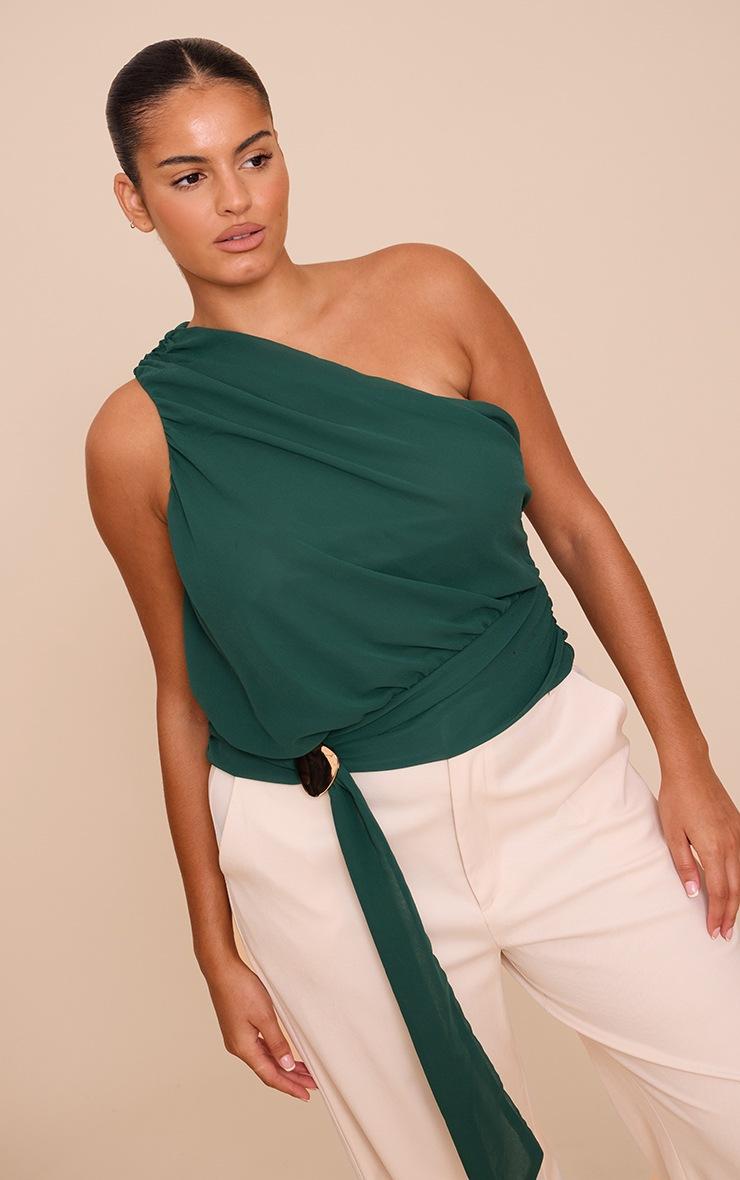 Pretty Little Thing Plus Forest Green Chiffon One Shoulder Ruched Trim Drape Top