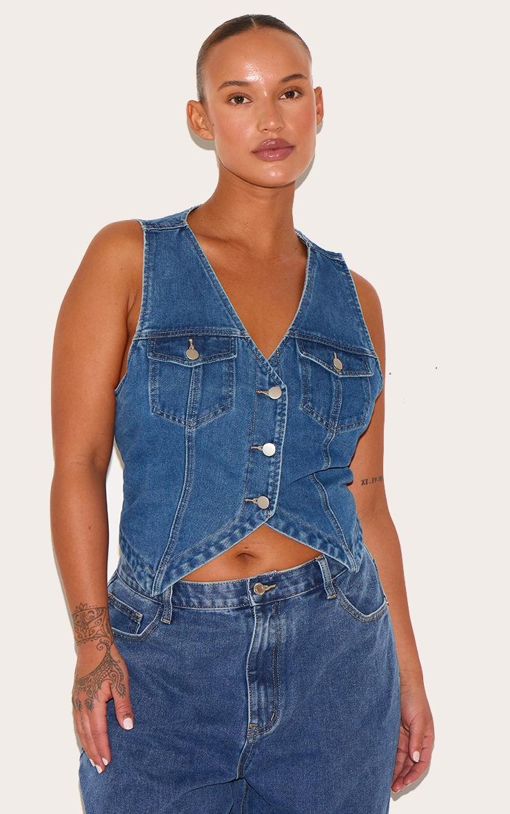 Pretty Little Thing Plus Indigo Blue Wash Halterneck Button Front Denim Vest