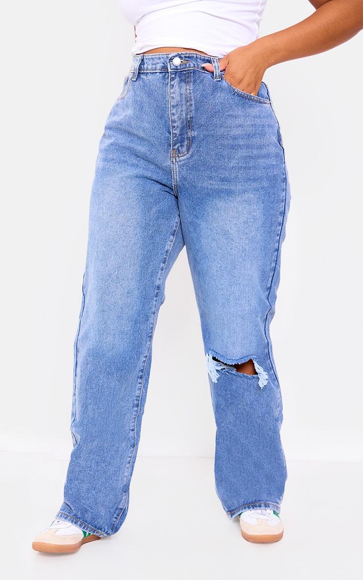 Pretty Little Thing Plus Light Blue Wash Open Knee Long Leg Straight Leg Jeans