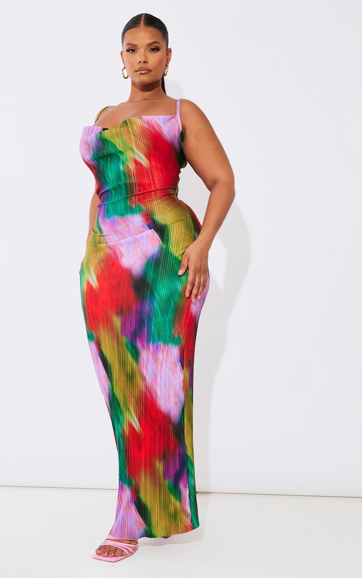 Pretty Little Thing Plus Multi Printed Plisse Cowl Neck Maxi Dress
