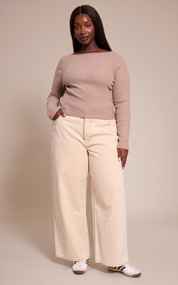 Pretty Little Thing Plus Oatmeal Soft Touch Rib Boat Neck Long Sleeve Top