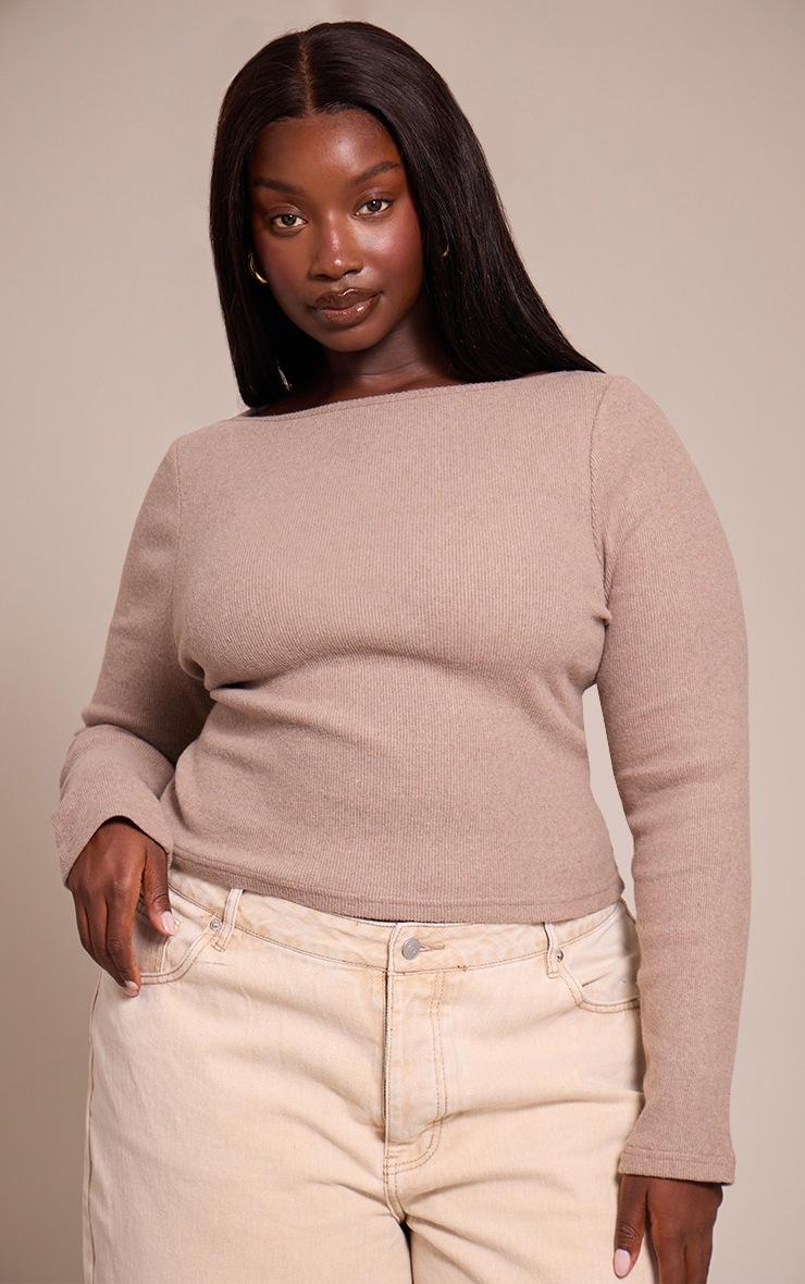 Pretty Little Thing Plus Oatmeal Soft Touch Rib Boat Neck Long Sleeve Top