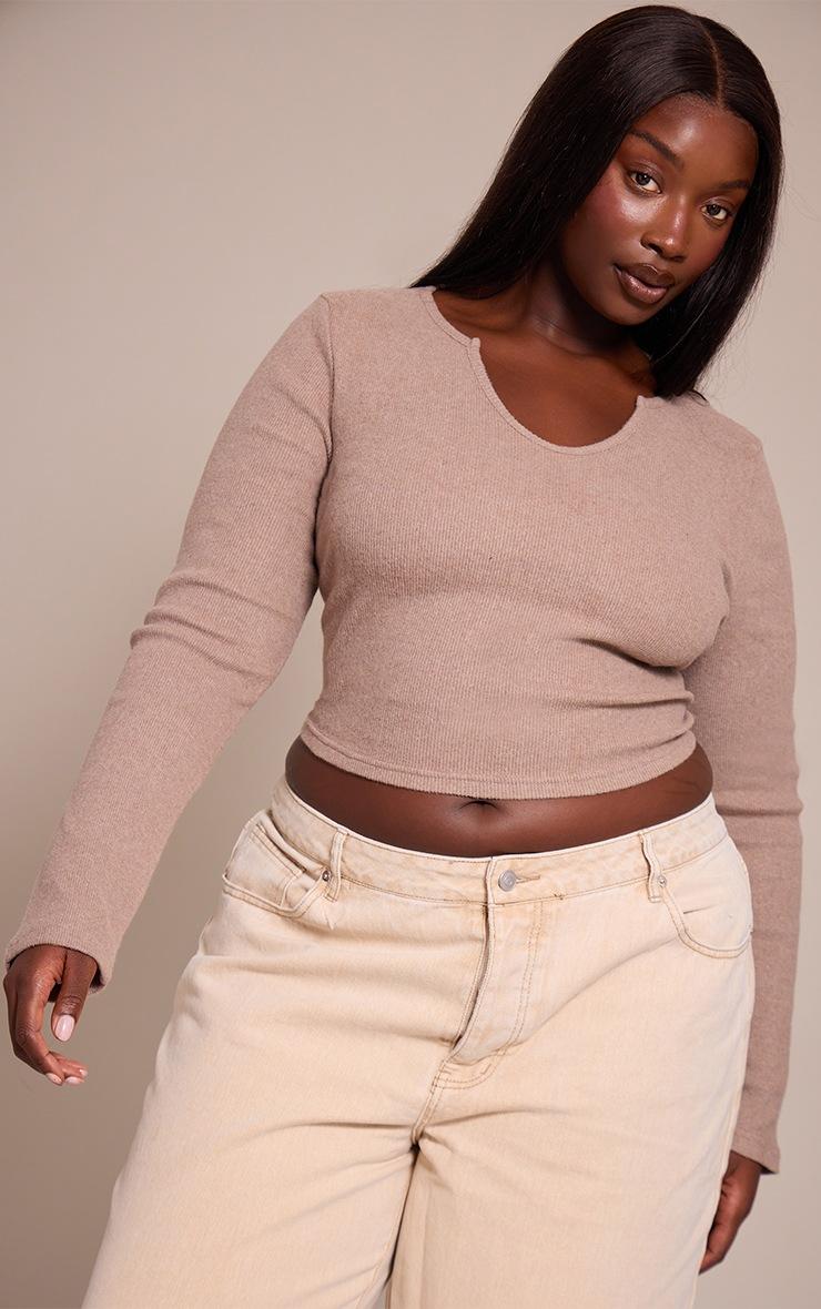 Pretty Little Thing Plus Oatmeal Soft Touch Rib Round Neck Long Sleeve Top