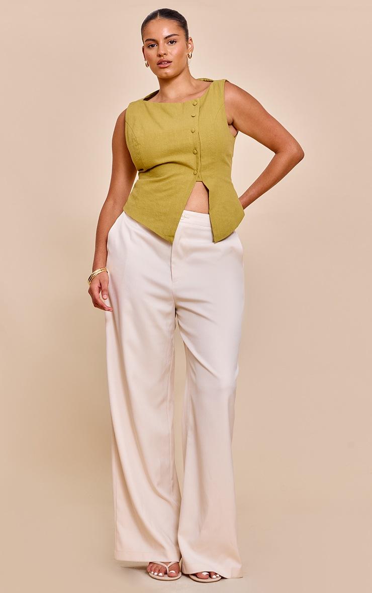 Pretty Little Thing Plus Olive Premium Linen Asymmetric Button Up Vest
