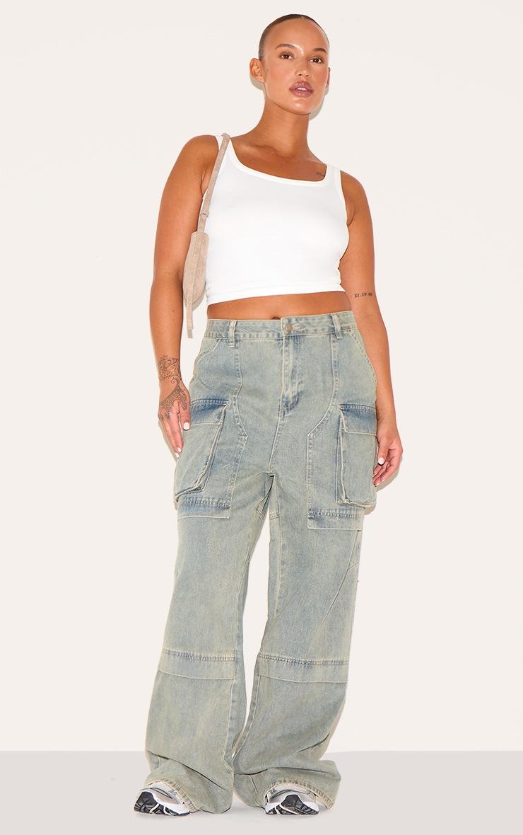 Pretty Little Thing Plus Vintage Wash Cargo Wide Leg Denim Jeans