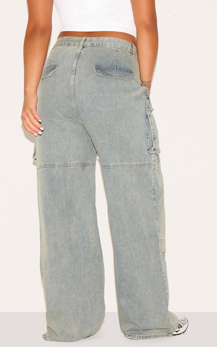 Pretty Little Thing Plus Vintage Wash Cargo Wide Leg Denim Jeans
