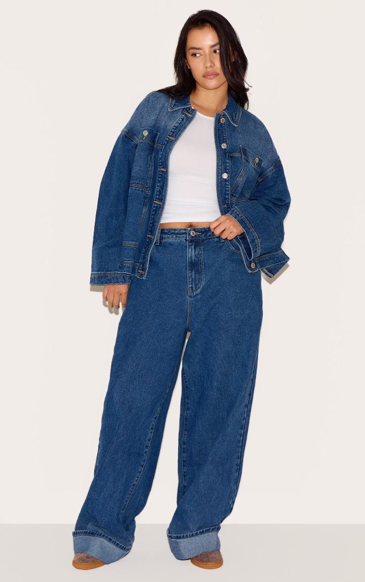 Pretty Little Thing Plus Washed Blue Turn Up Wide Leg Jeans