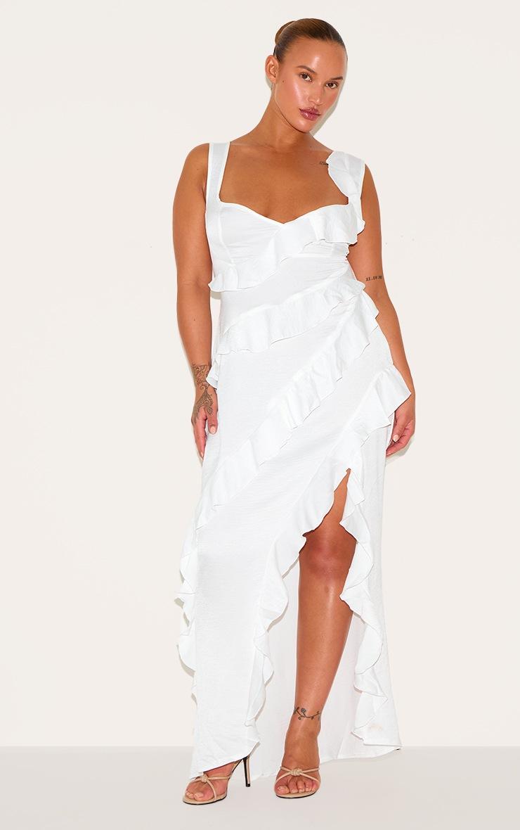Pretty Little Thing Plus White Satin Frill Layered Maxi Dress