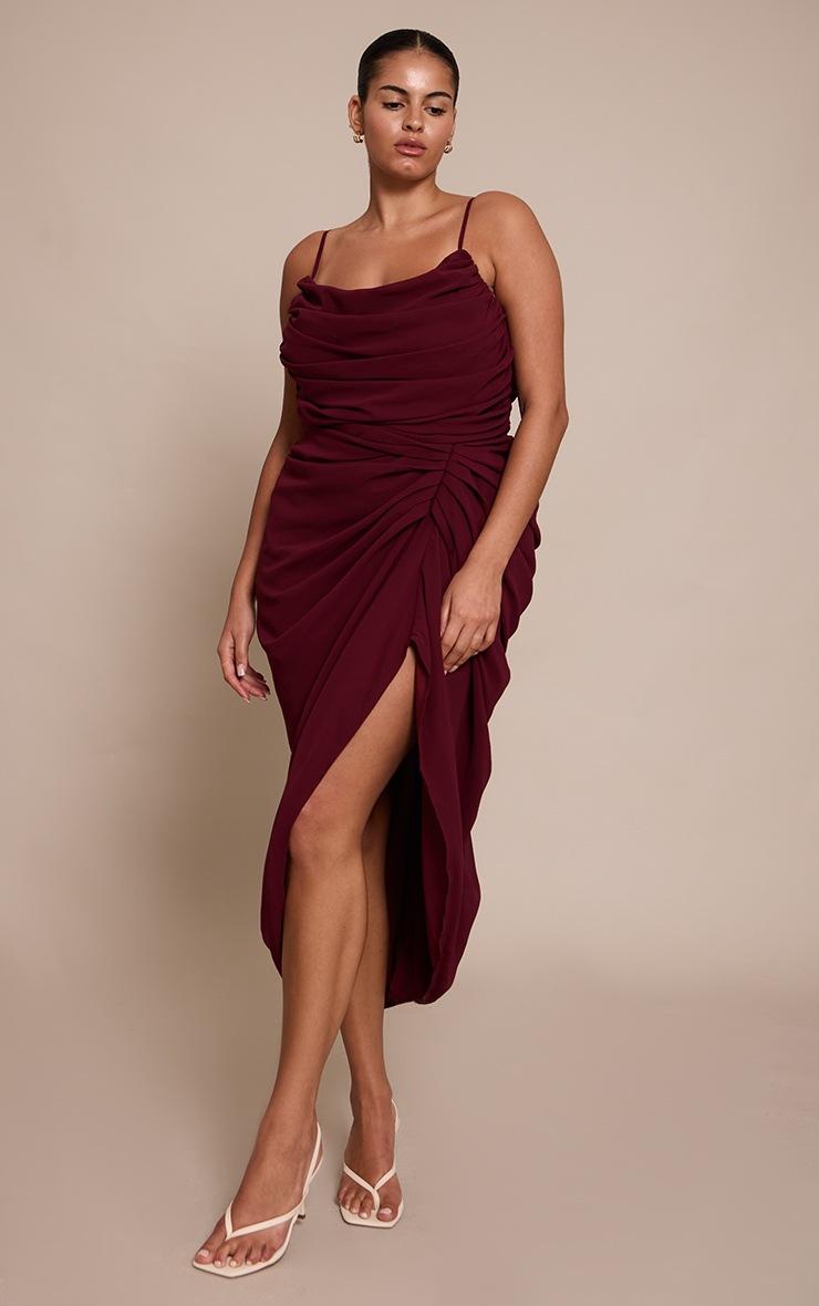 Pretty Little Thing Plus Wine Ruched Chiffon Drape Midi Dress