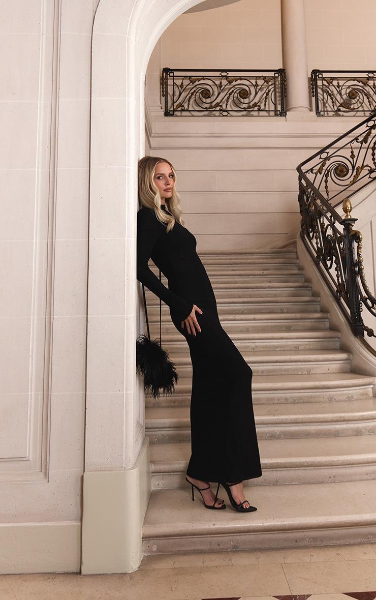 Pretty Little Thing Premium Black Mesh Feather Pom Pom Open Back Maxi Dress