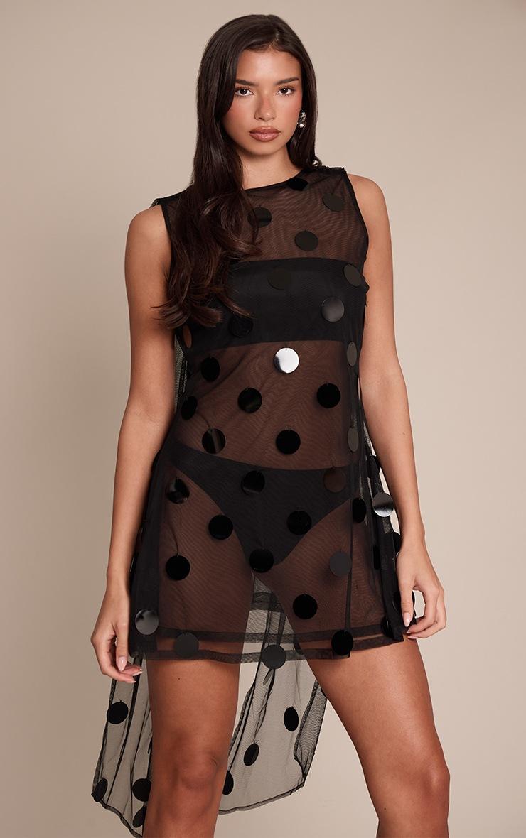 Pretty Little Thing Premium Black Sheer Disc Sequin Drape Detail Mini Dress