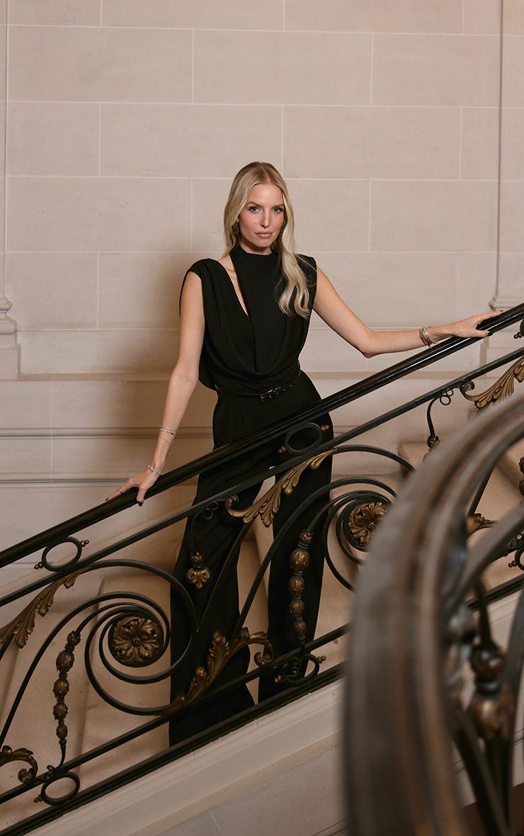 Pretty Little Thing Premium Black Woven Asymmetric Cowl Drape Back Jumpsuit