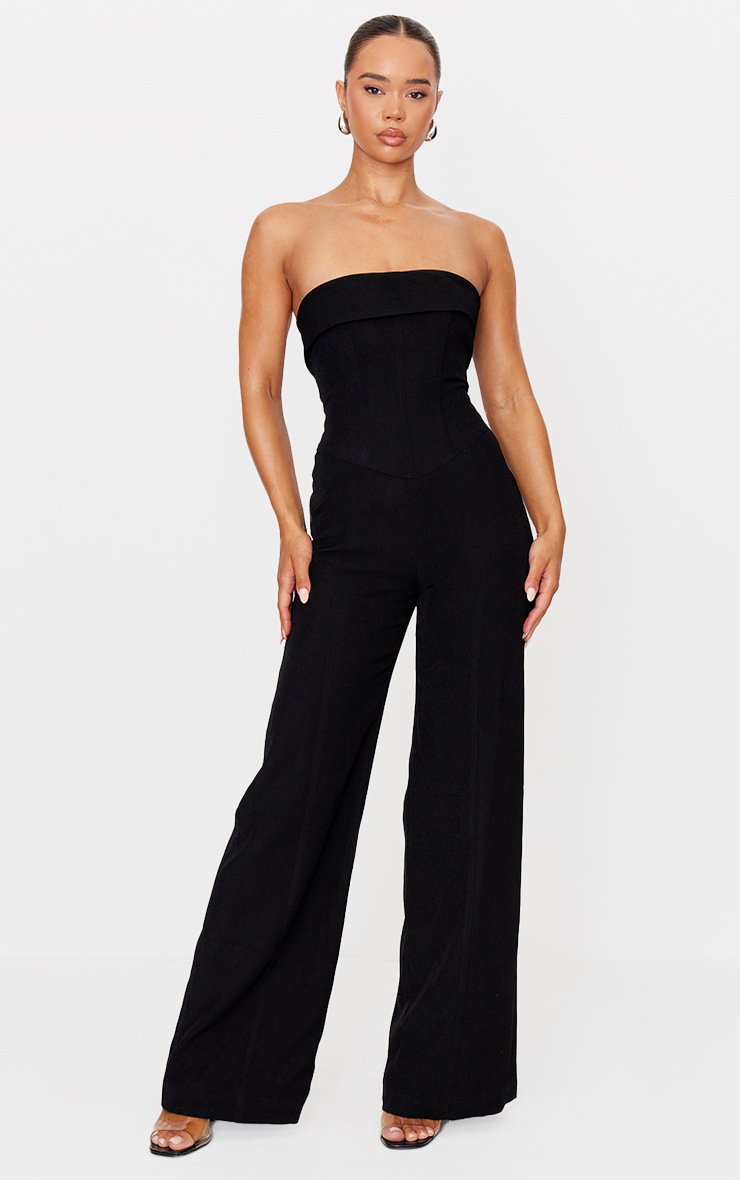 Pretty Little Thing Premium Black Woven Bandeau Corset Straight Leg Jumpsuit