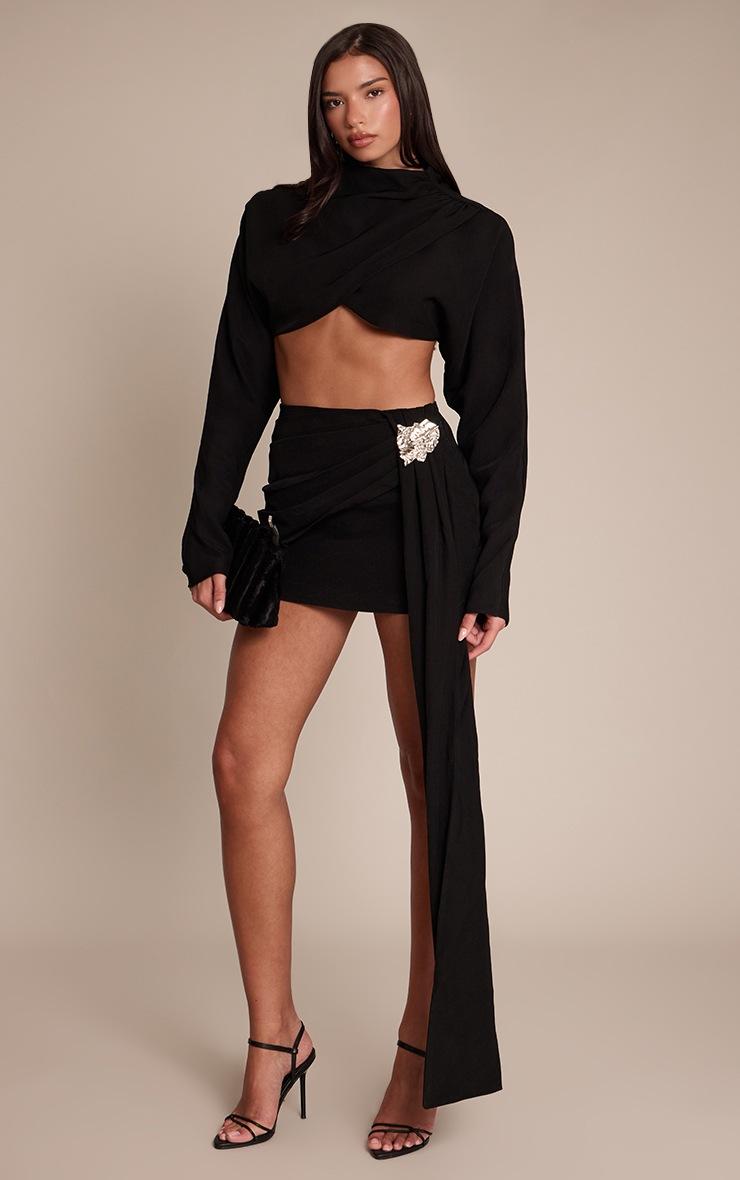 Pretty Little Thing Premium Black Woven Crossover Long Sleeve Crop Top