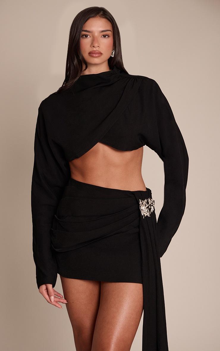 Pretty Little Thing Premium Black Woven Crossover Long Sleeve Crop Top