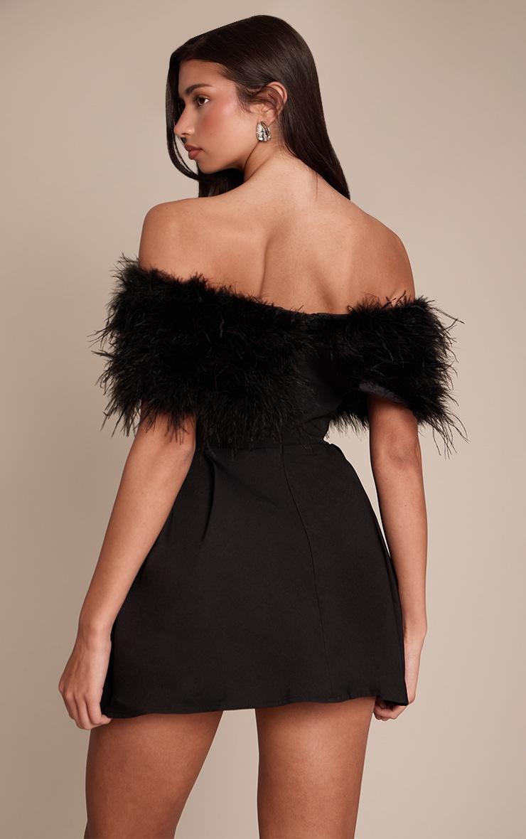 Pretty Little Thing Premium Black Woven Feather Bardot Tulip Mini Dress
