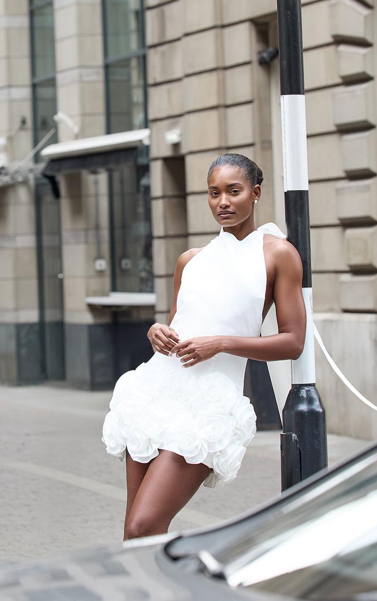 Pretty Little Thing Premium White Woven Floral Ruffle Detail High Neck Cowl Bodycon Dress