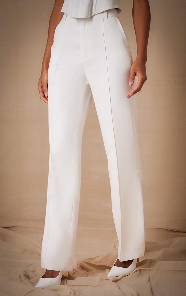 Pretty Little Thing Premium White Woven Pintuck Straight Leg Pants