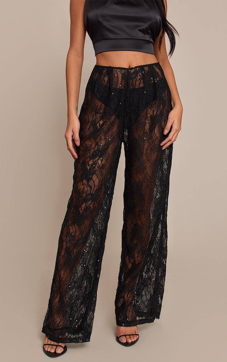 Pretty Little Thing Black Lace Sequin Sheer Pants