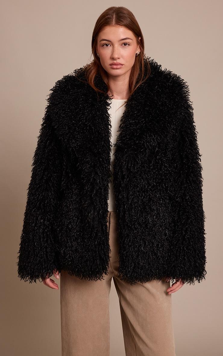 Pretty Little Thing Black Mongolian Fur Midi Coat