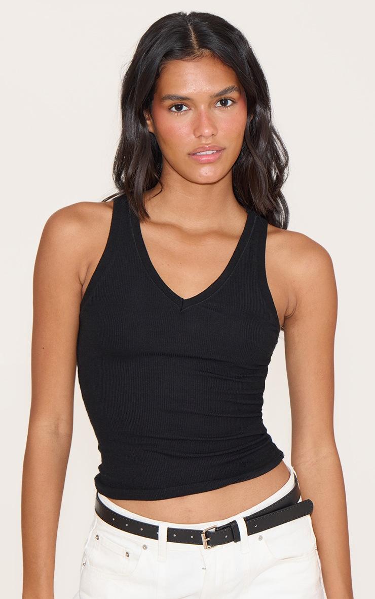 Pretty Little Thing Black Soft Rib V Neck Vest Top