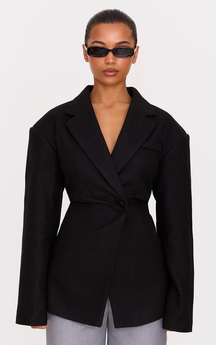 Pretty Little Thing Black Wool Look Cinched Blazer