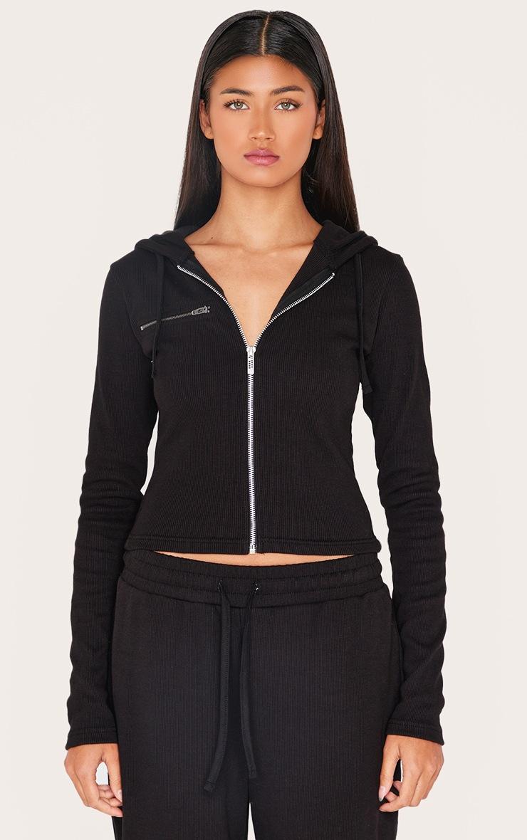 Pretty Little Thing Black Zip Up Ribbed Track Top